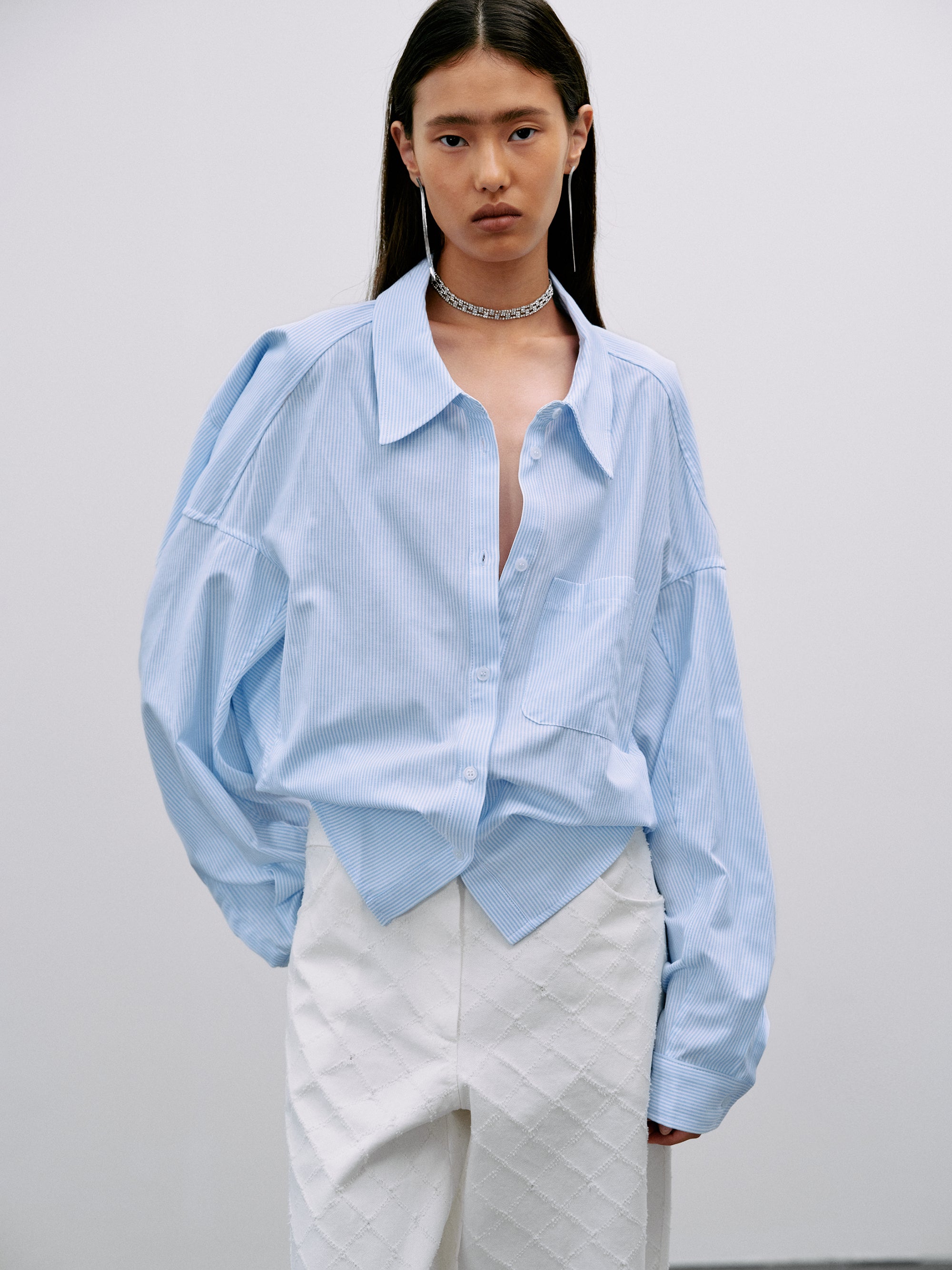 Cropped Back Pinstripe Shirt, Sky Blue