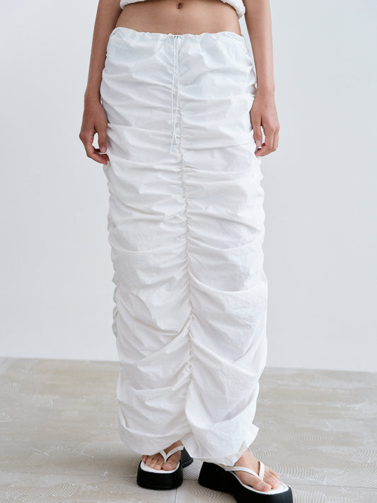 Drawstring Gathered Skirt, White