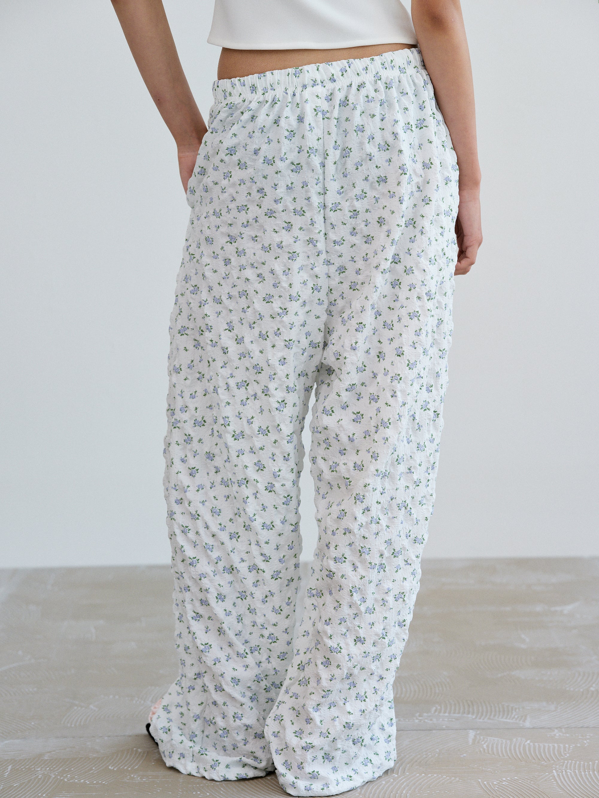 Seersucker Floral Pants, Blue