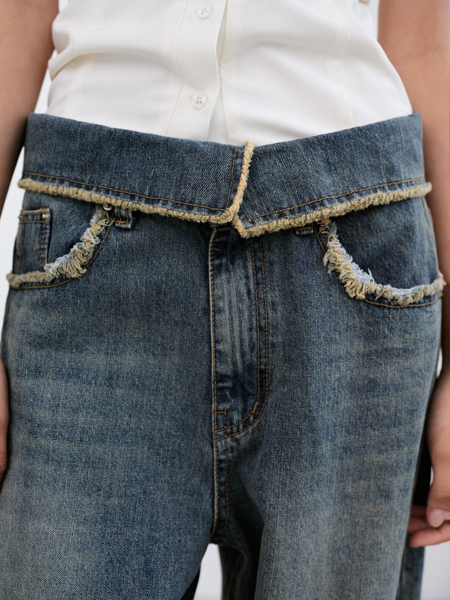 Fold-Over Raw Jeans, Stone Wash Blue