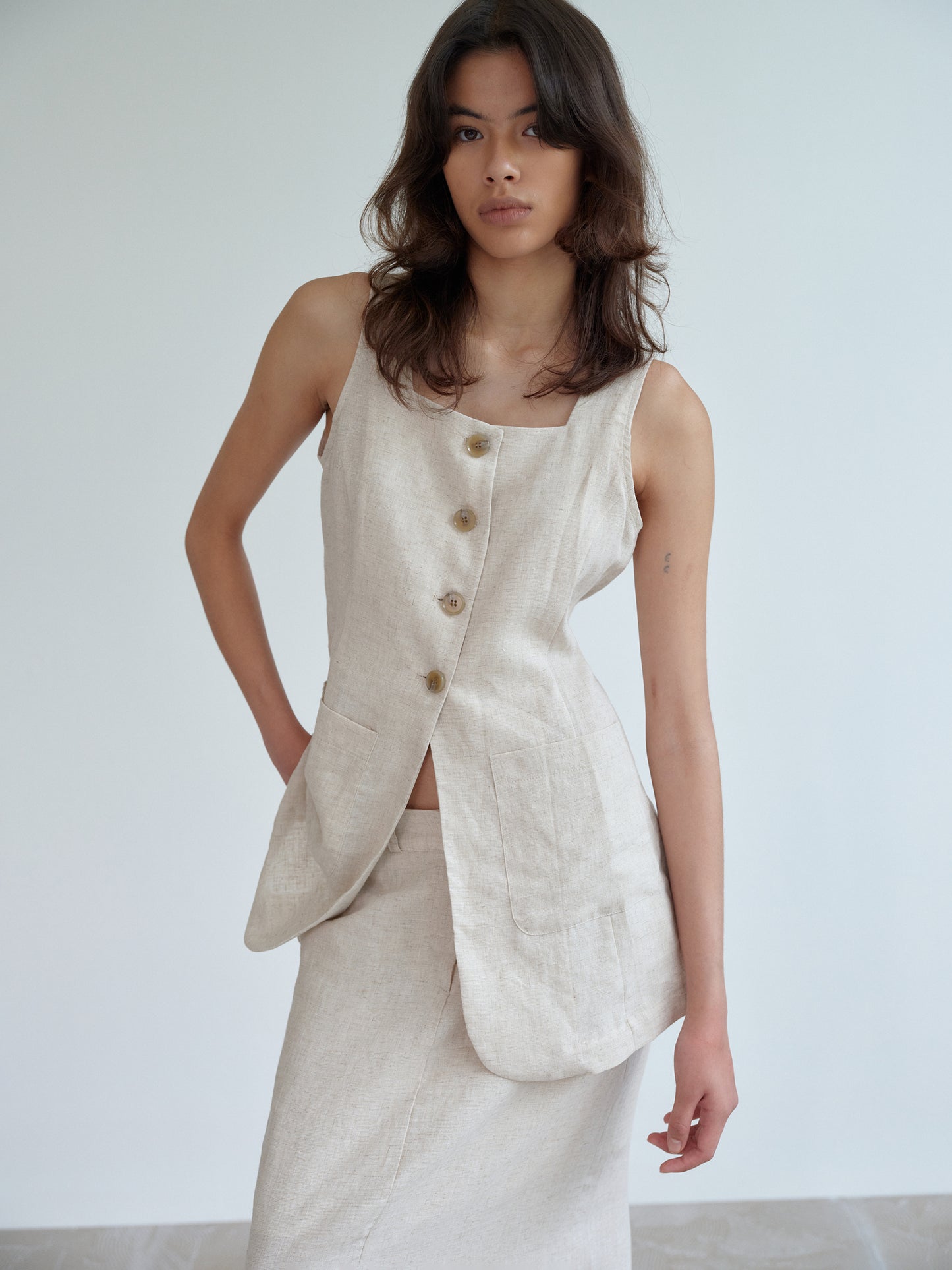 ASOS DESIGN button front linen vest in oatmeal