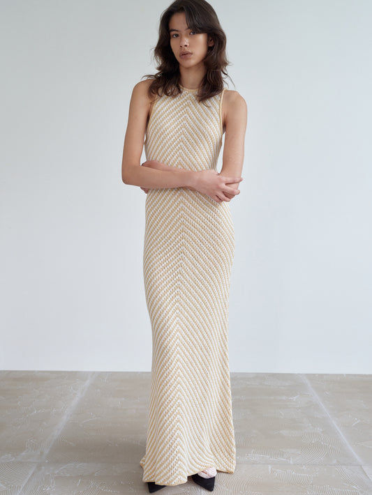 Chevron Knit Long Dress, Ecru