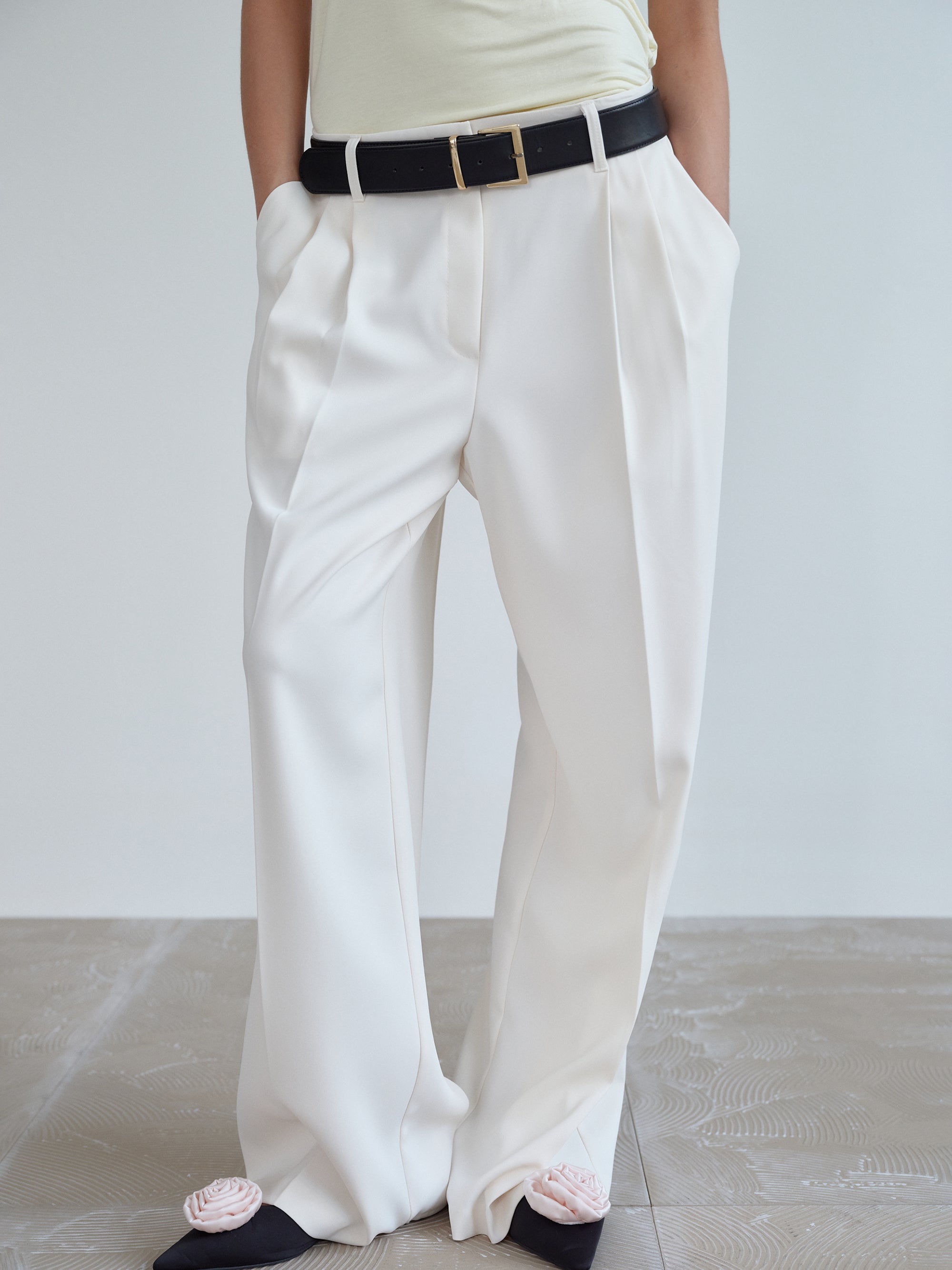 Ivory  Crepe Slim Leg Belted Trouser  Pure Collection