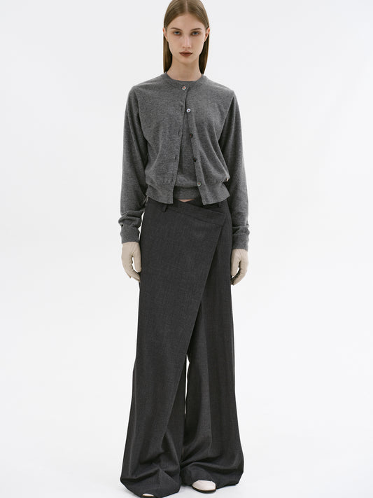 Double-Layer Fine Wool Cardigan, Charcoal