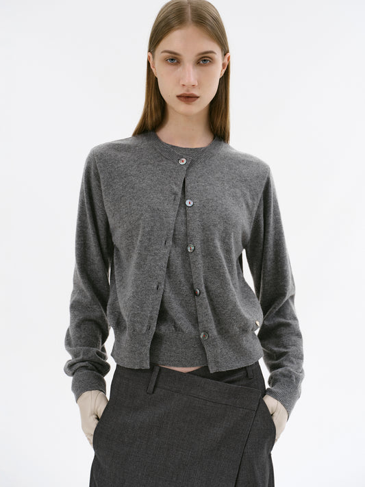 Double-Layer Fine Wool Cardigan, Charcoal