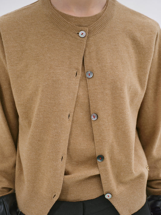 Double-Layer Fine Wool Cardigan, Beige