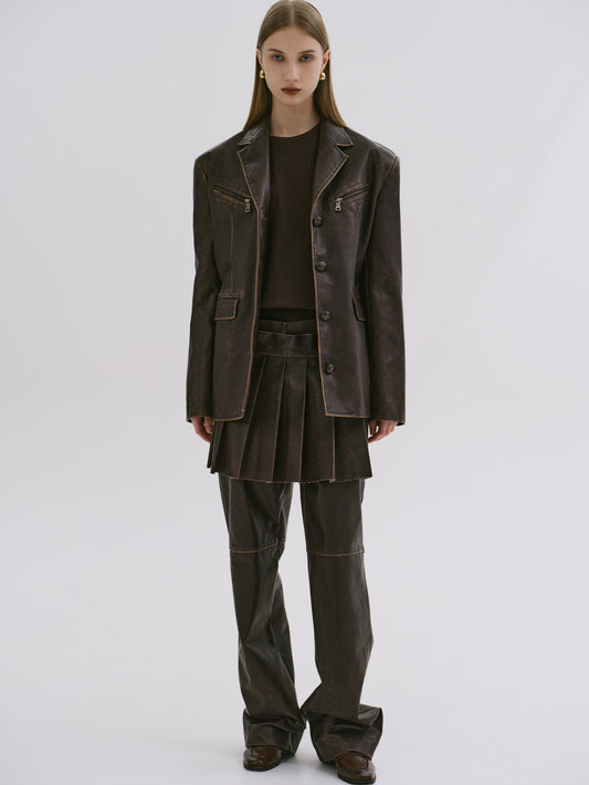 Faded Faux Leather Blazer, Cacao