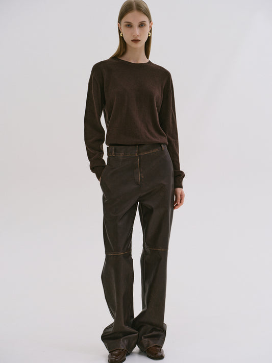 Faded Faux Leather Trousers, Cacao