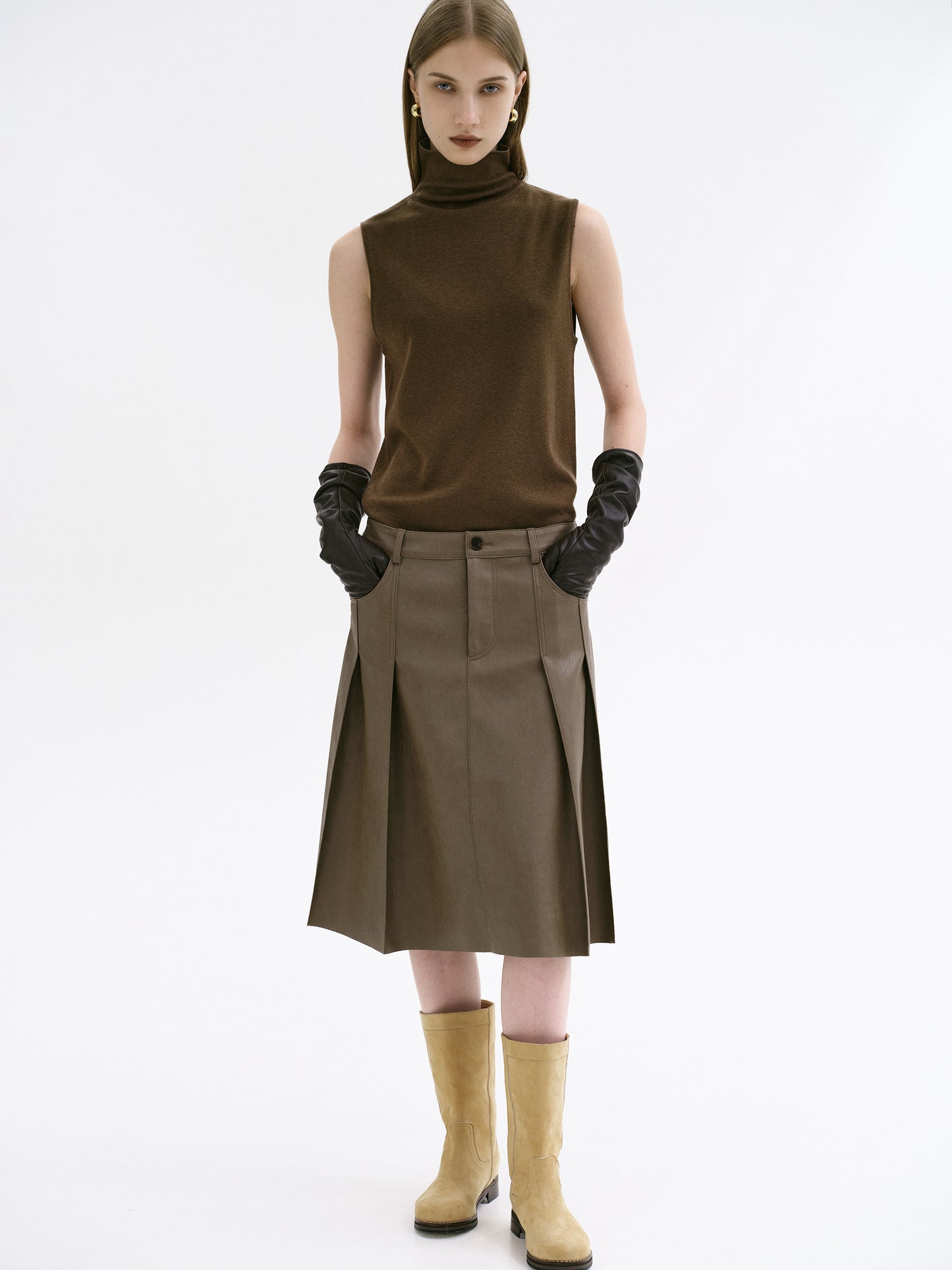 Faux Leather Pleated Skirt, Ash Brown