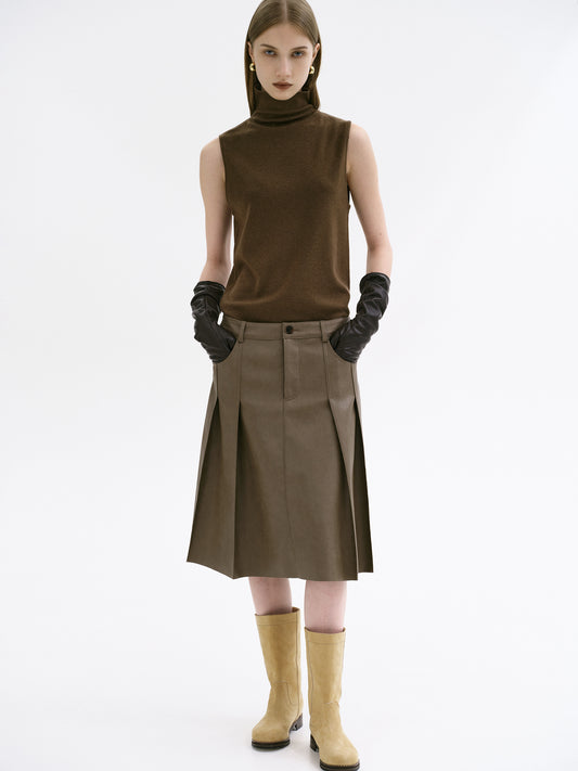 (Pre-order) Faux Leather Pleated Skirt, Ash Brown