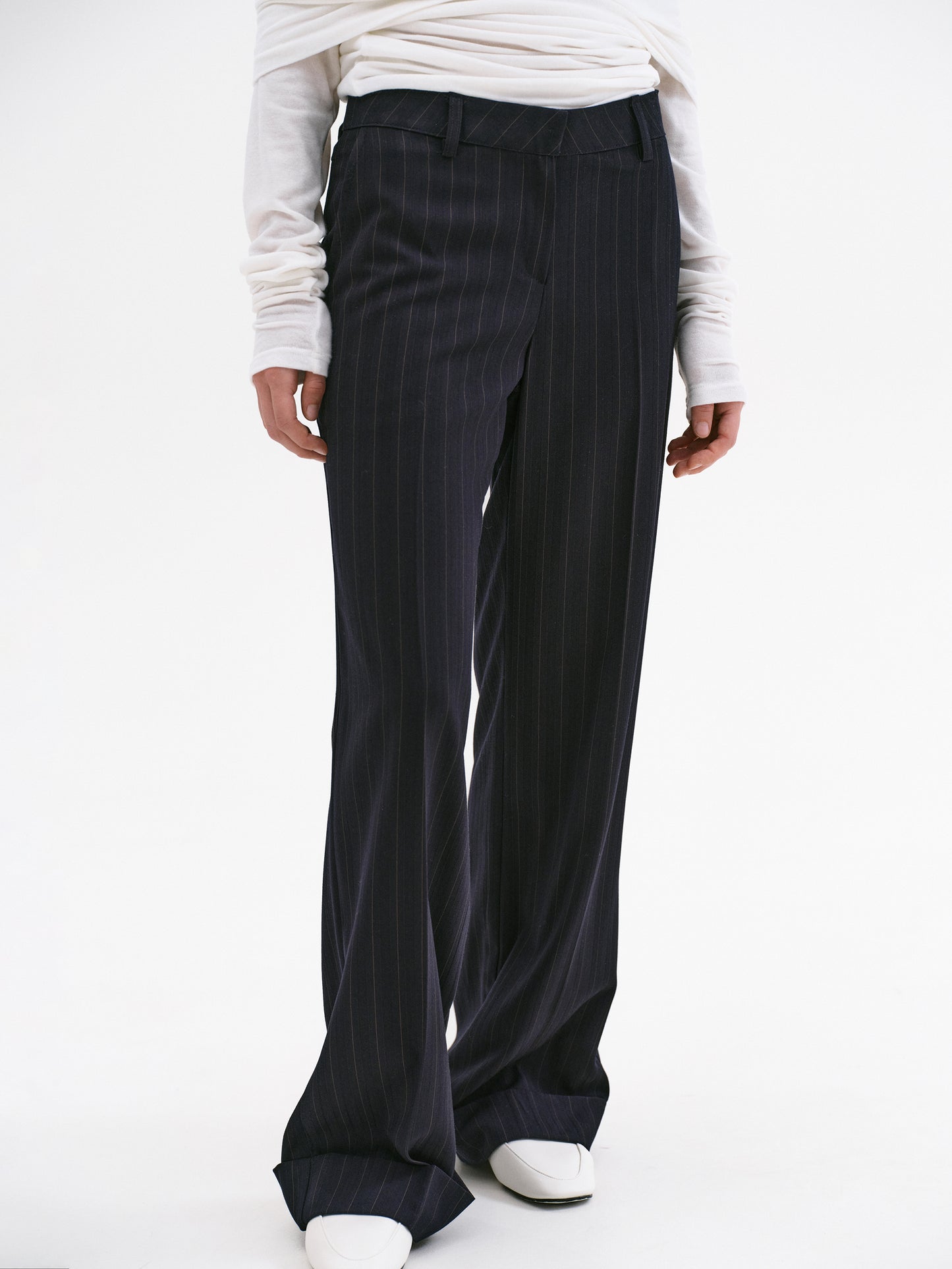 Tailored Turn-Up Trousers, Navy Pinstripe – SourceUnknown
