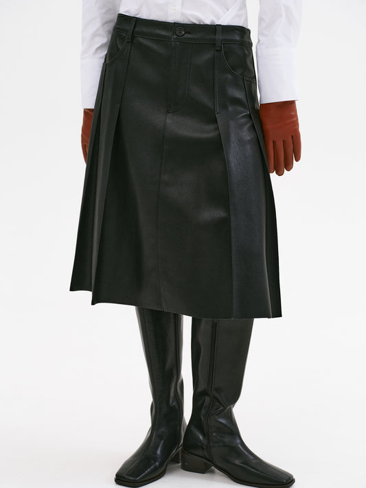 (Pre-order) Faux Leather Pleated Skirt, Black
