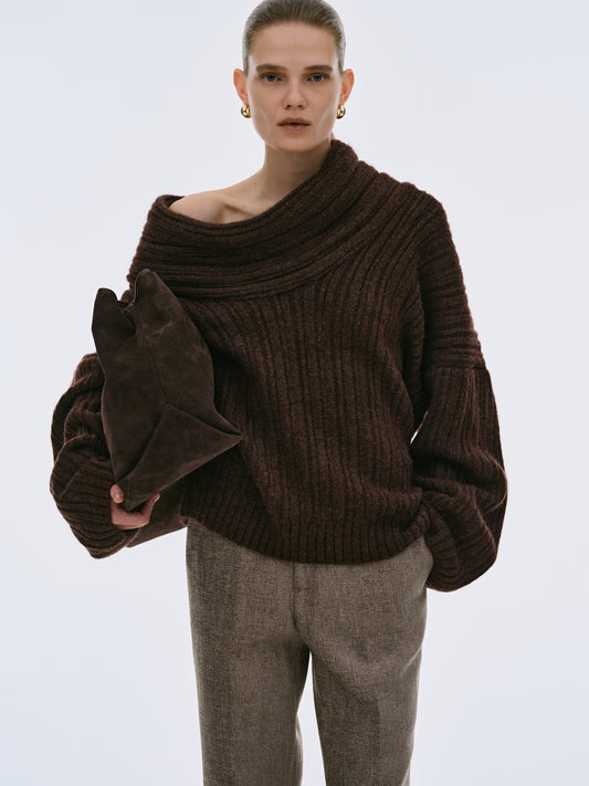 (Pre-order) Oversized High Roll Knit Pullover, Chocolate