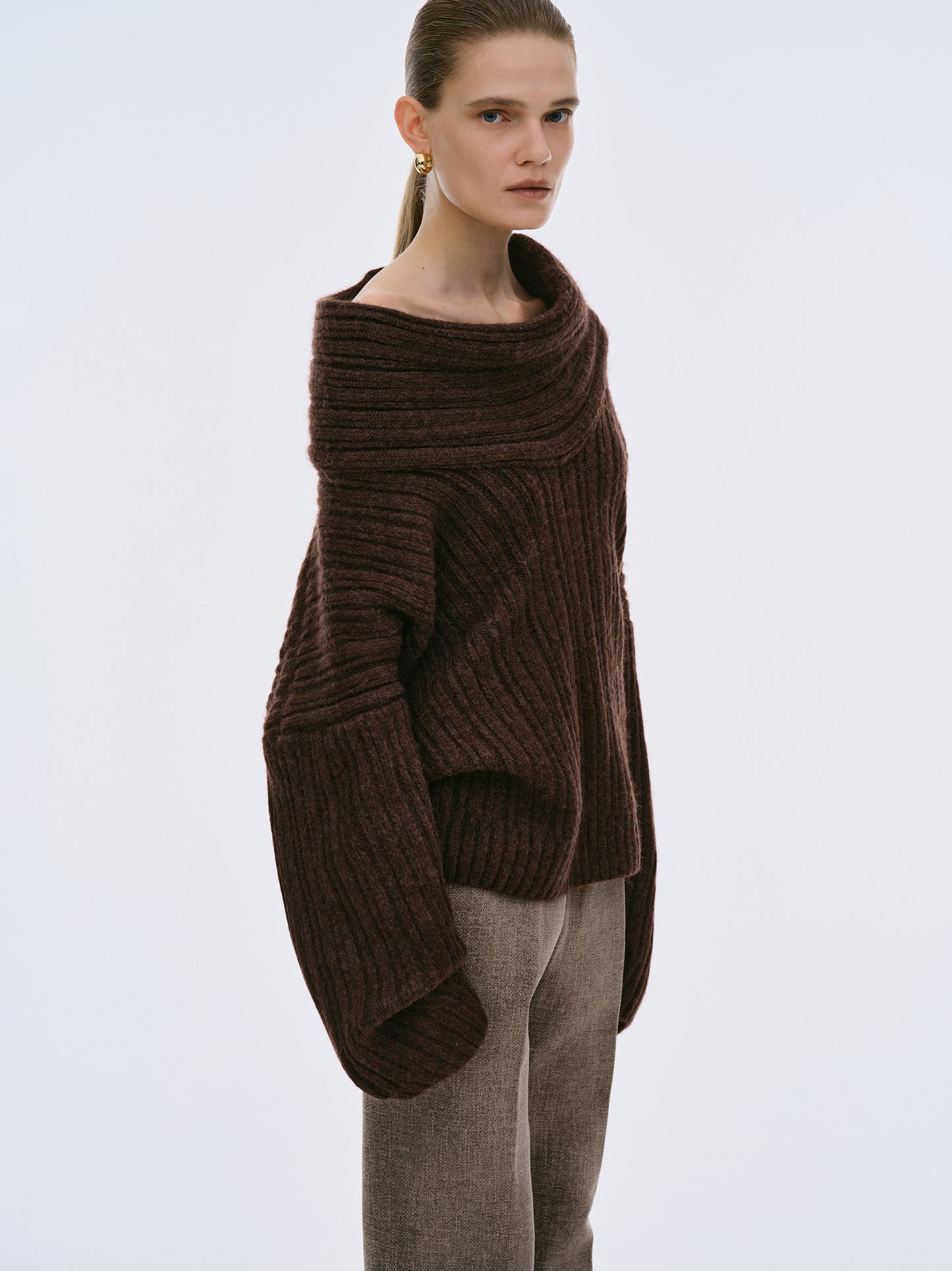Becca Oversized High Roll Knit Pullover, Chocolate