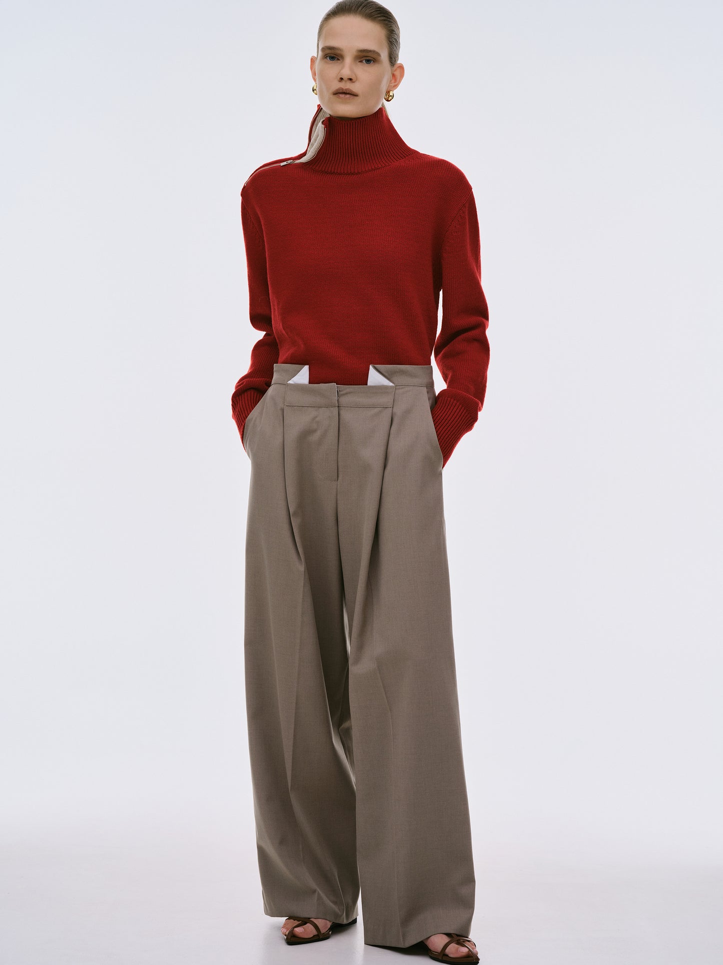 Yves Folded Wool Trousers, Greige