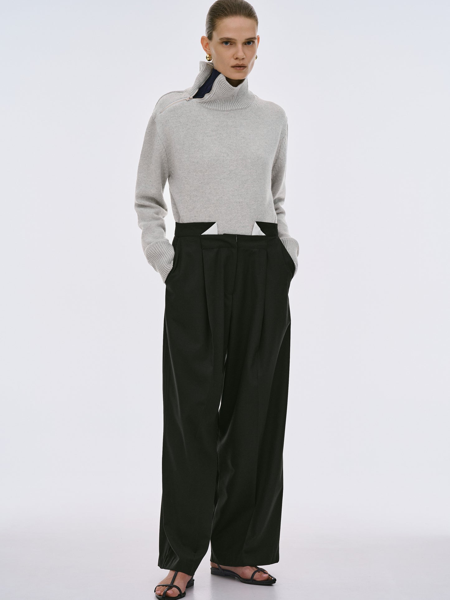Yves Folded Wool Trousers, Black