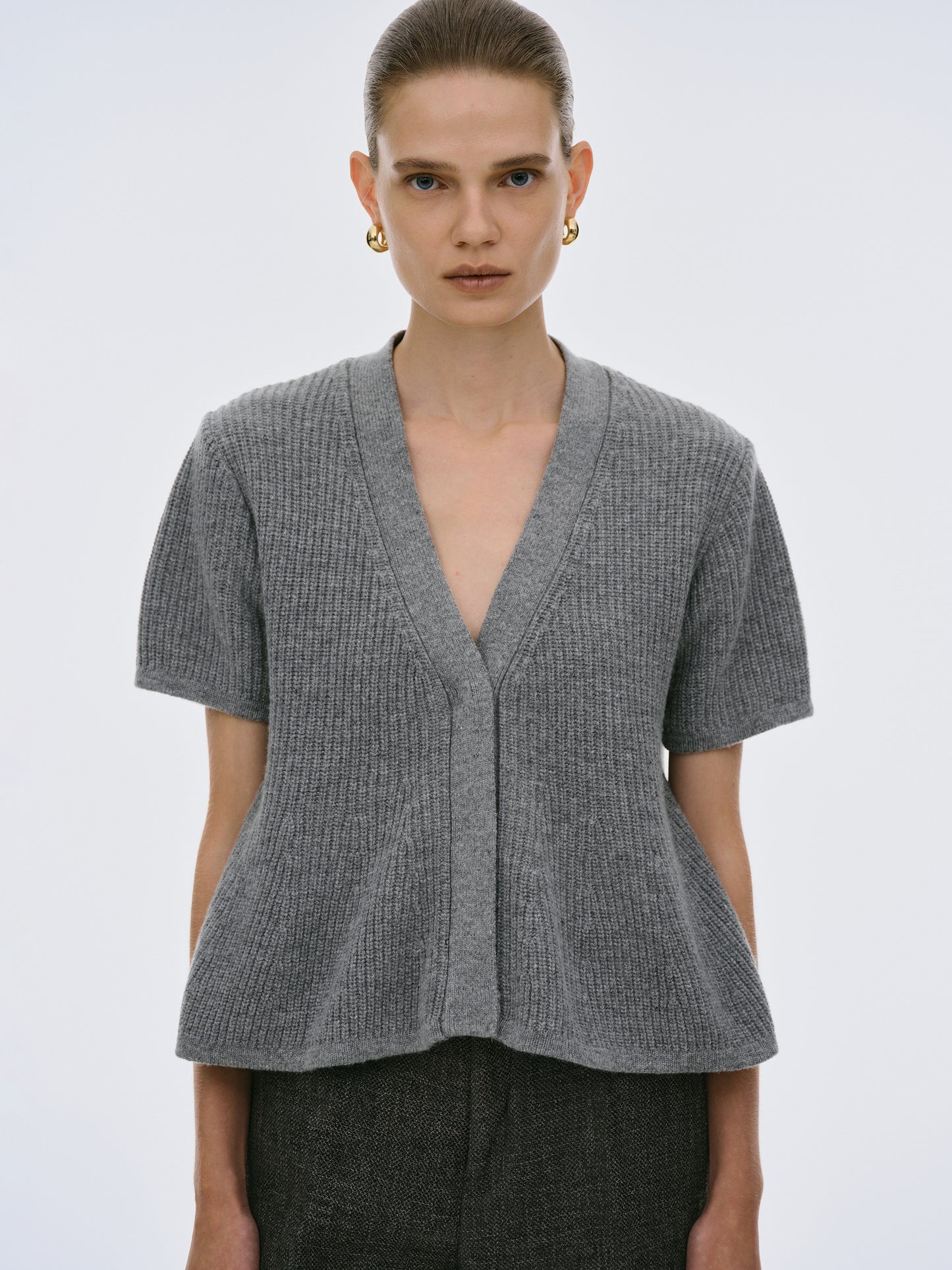 Peplum Wool Knit Top, Grey