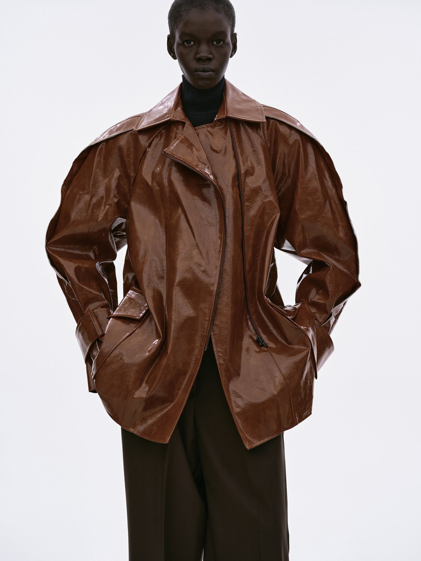 Patent Leather Trench Coat, Caramel