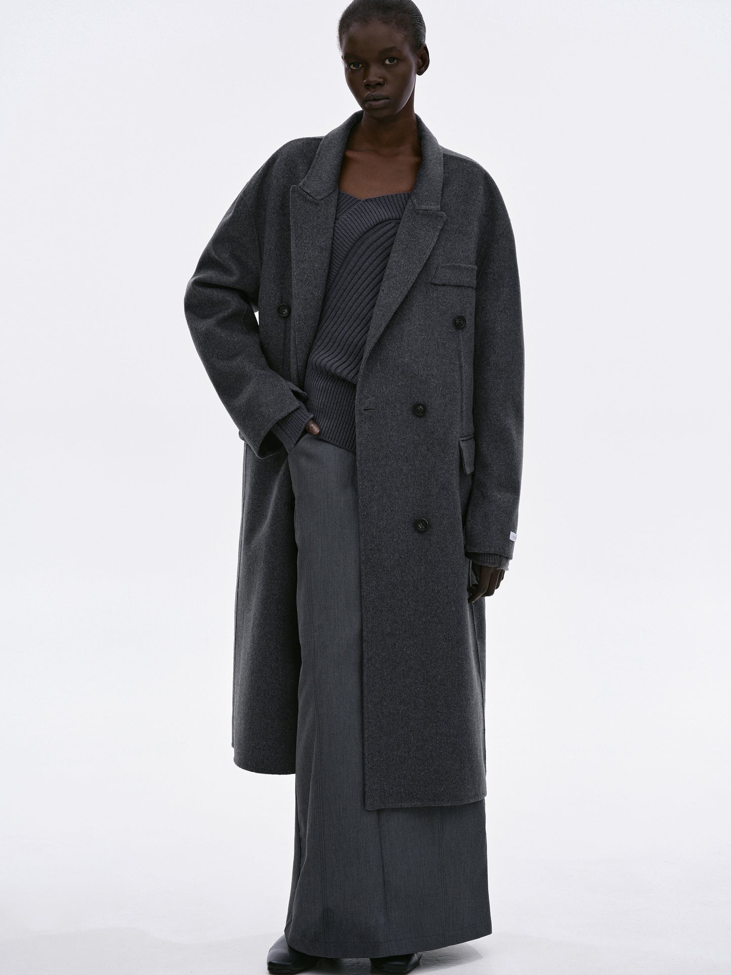 Double Breasted Maxi Wool Coat, Charcoal