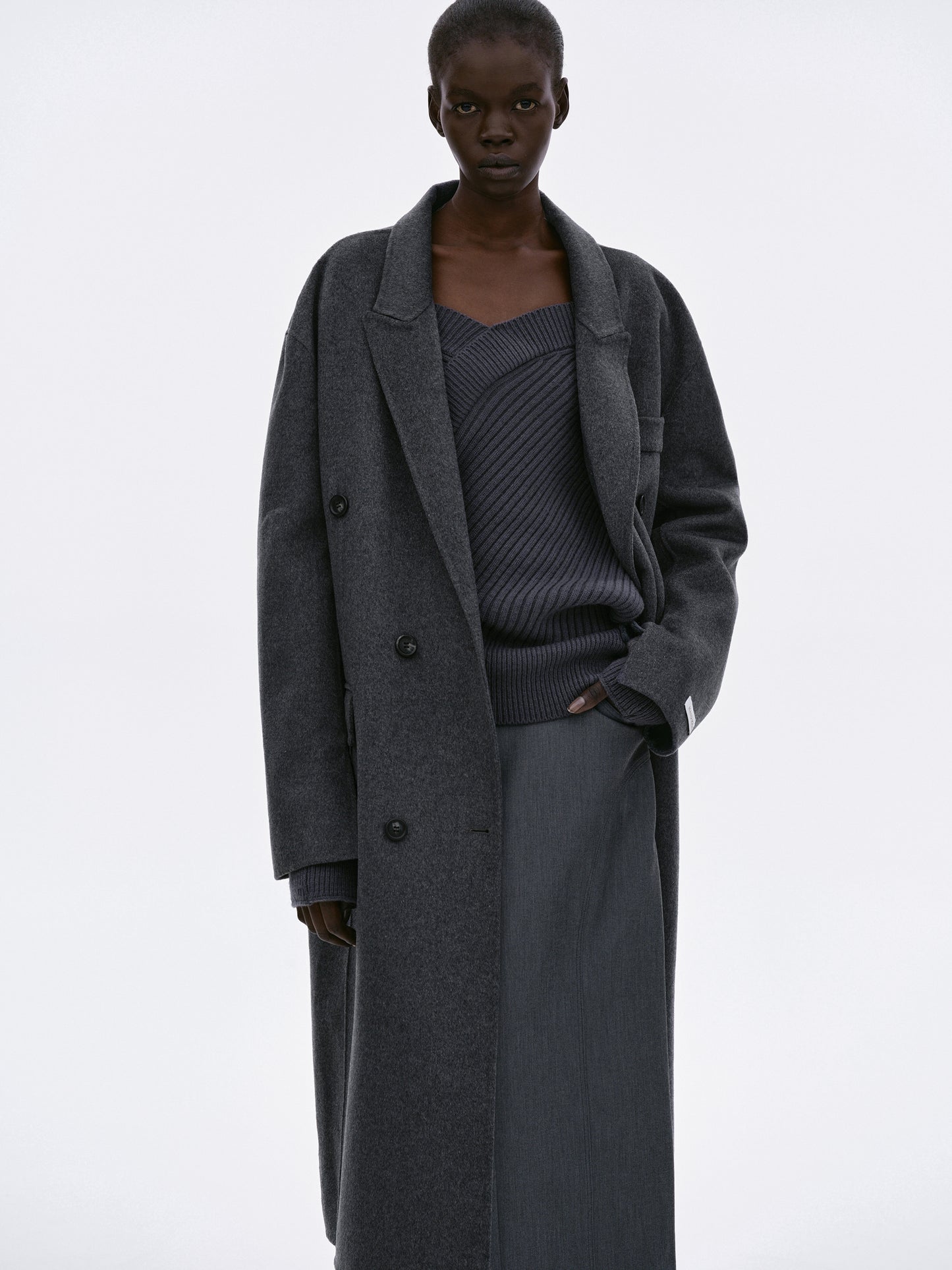 Double Breasted Maxi Wool Coat, Charcoal