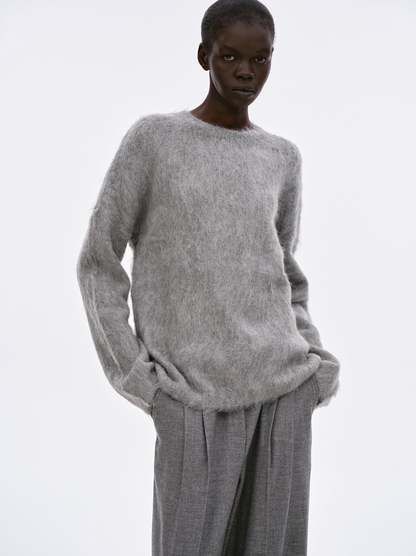 Brushed Camel Wool Pullover, Cloud Grey