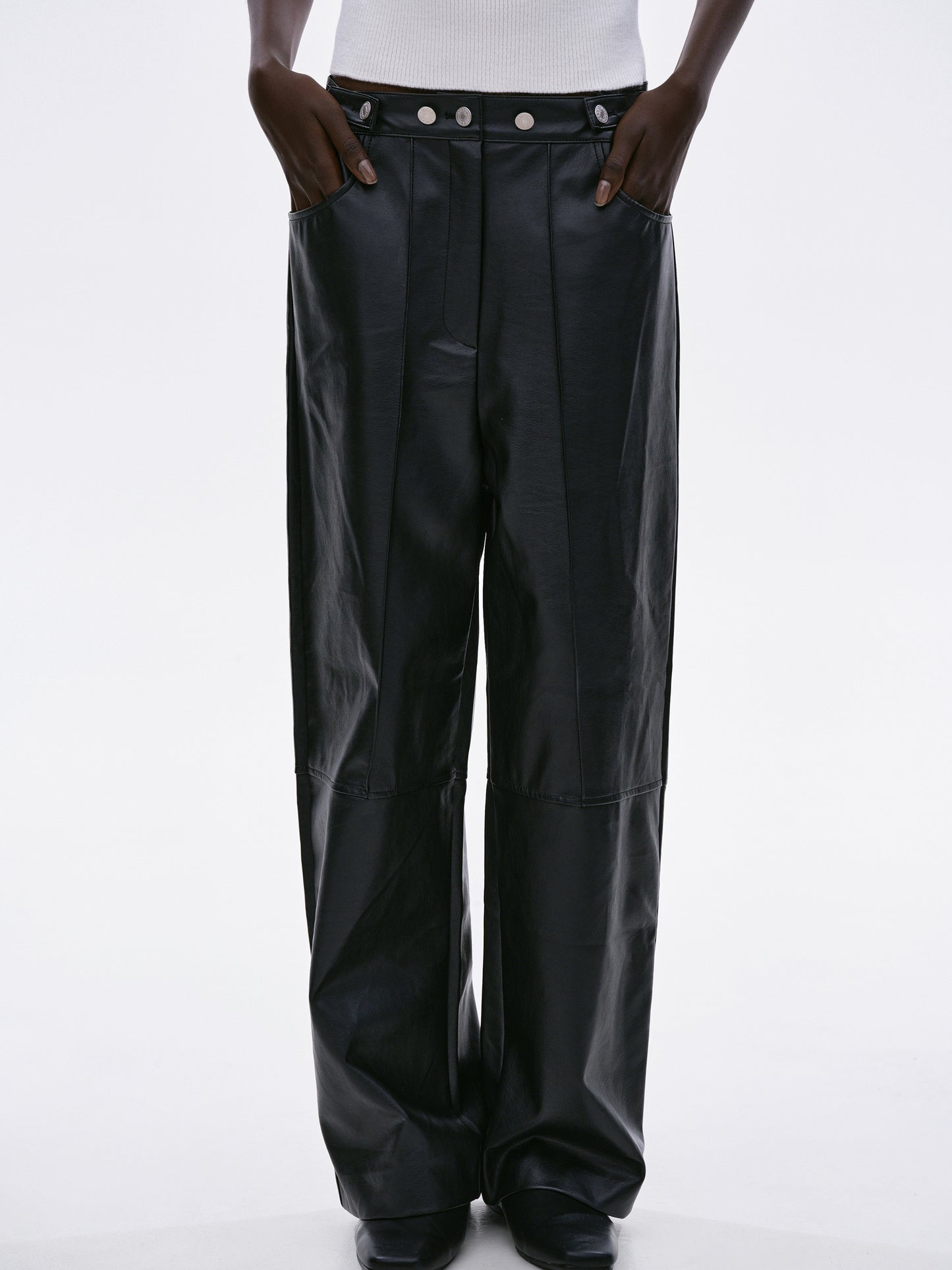 Buttoned Faux Leather Pants, Black