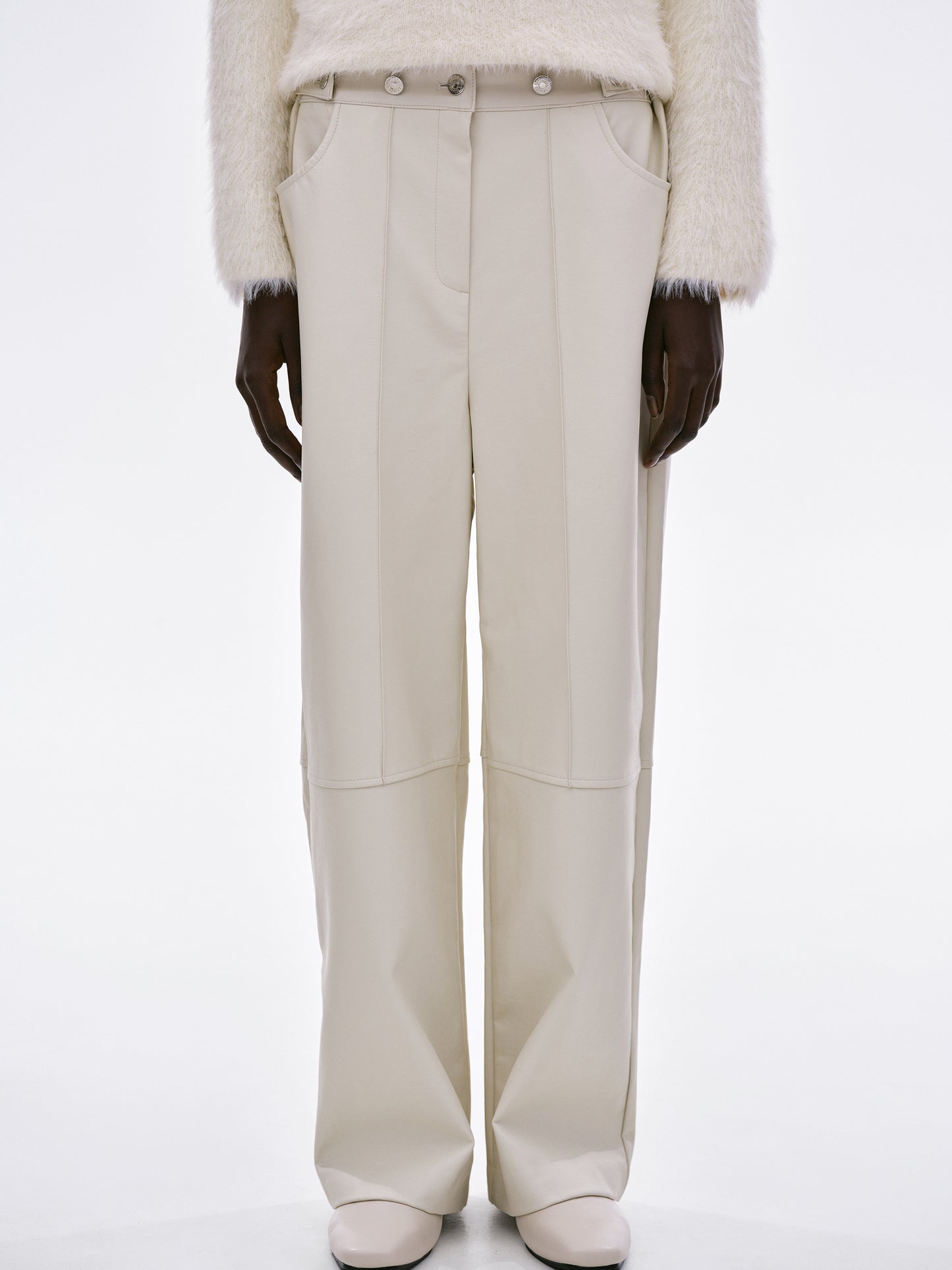 Buttoned Faux Leather Pants, Cream