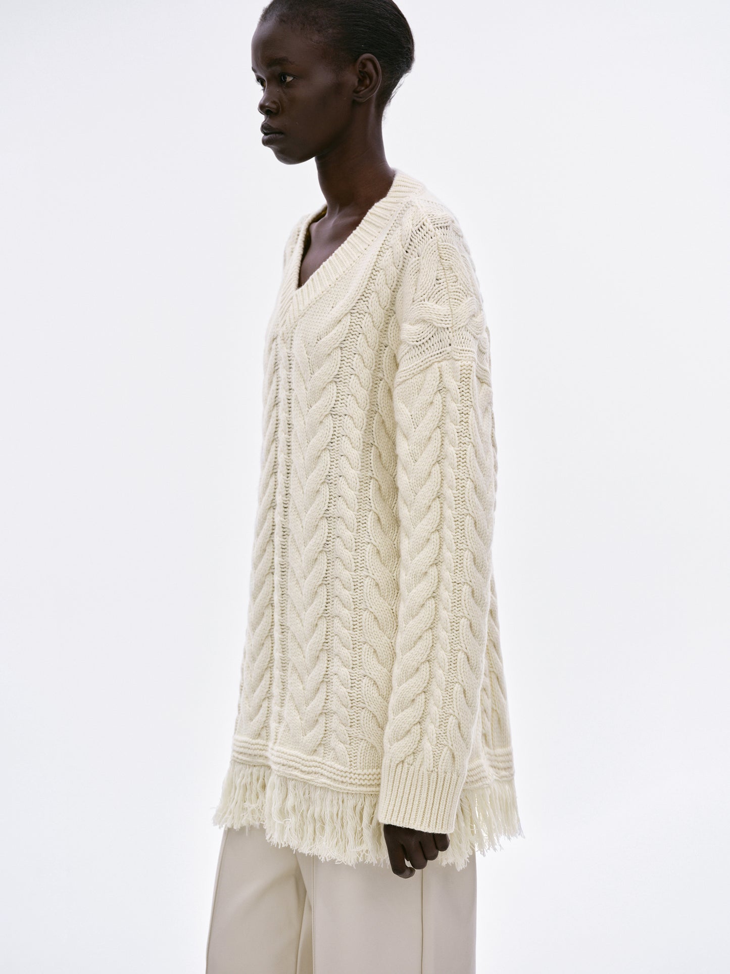 Ikaria Fringed Cable Sweater, Natural White