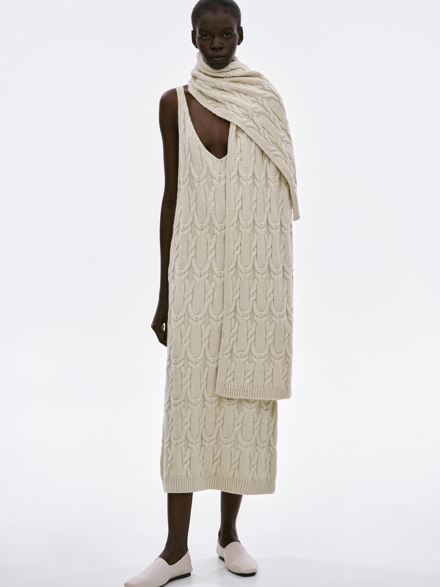 Scarf Cable Knit Dress, Warm Ivory