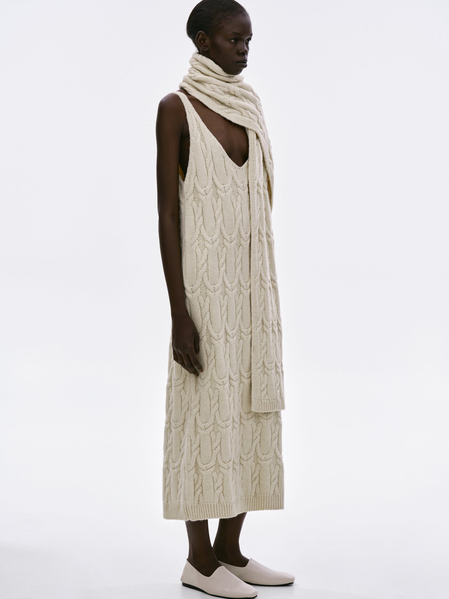 Scarf Cable Knit Dress, Warm Ivory