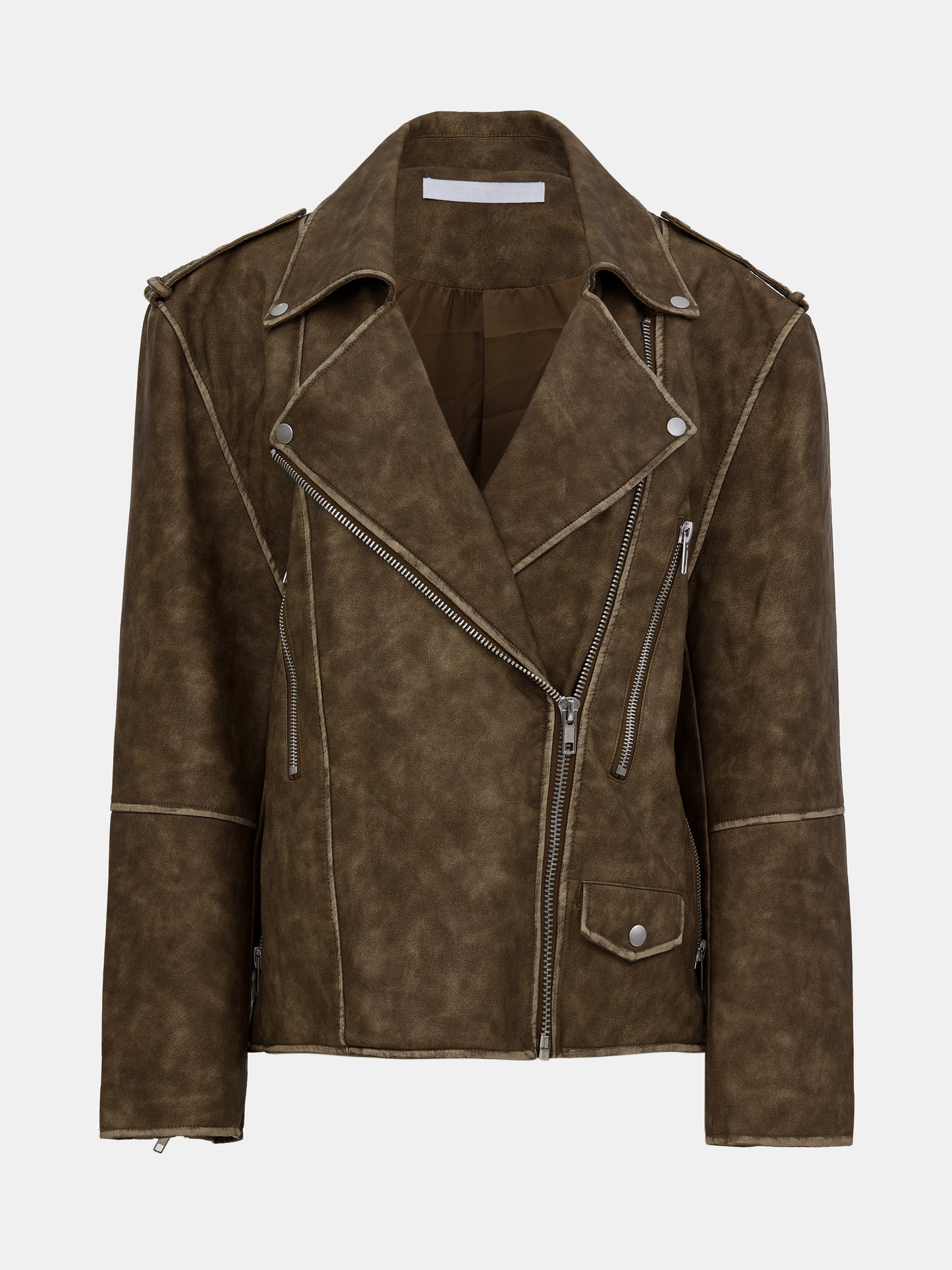 (Pre-order) Bianca Faux Leather Biker Jacket, Washed Brown