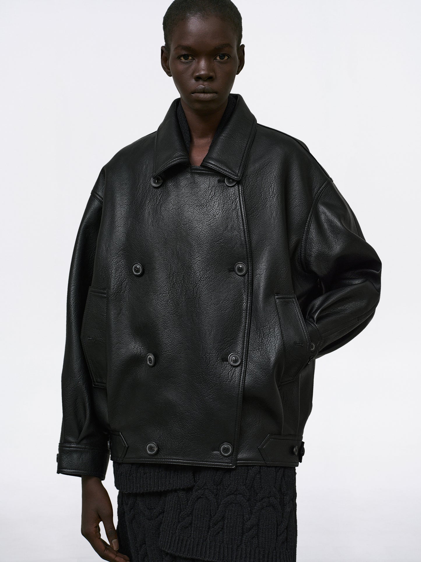 Vitellino Double Breasted Faux Leather Jacket, Black