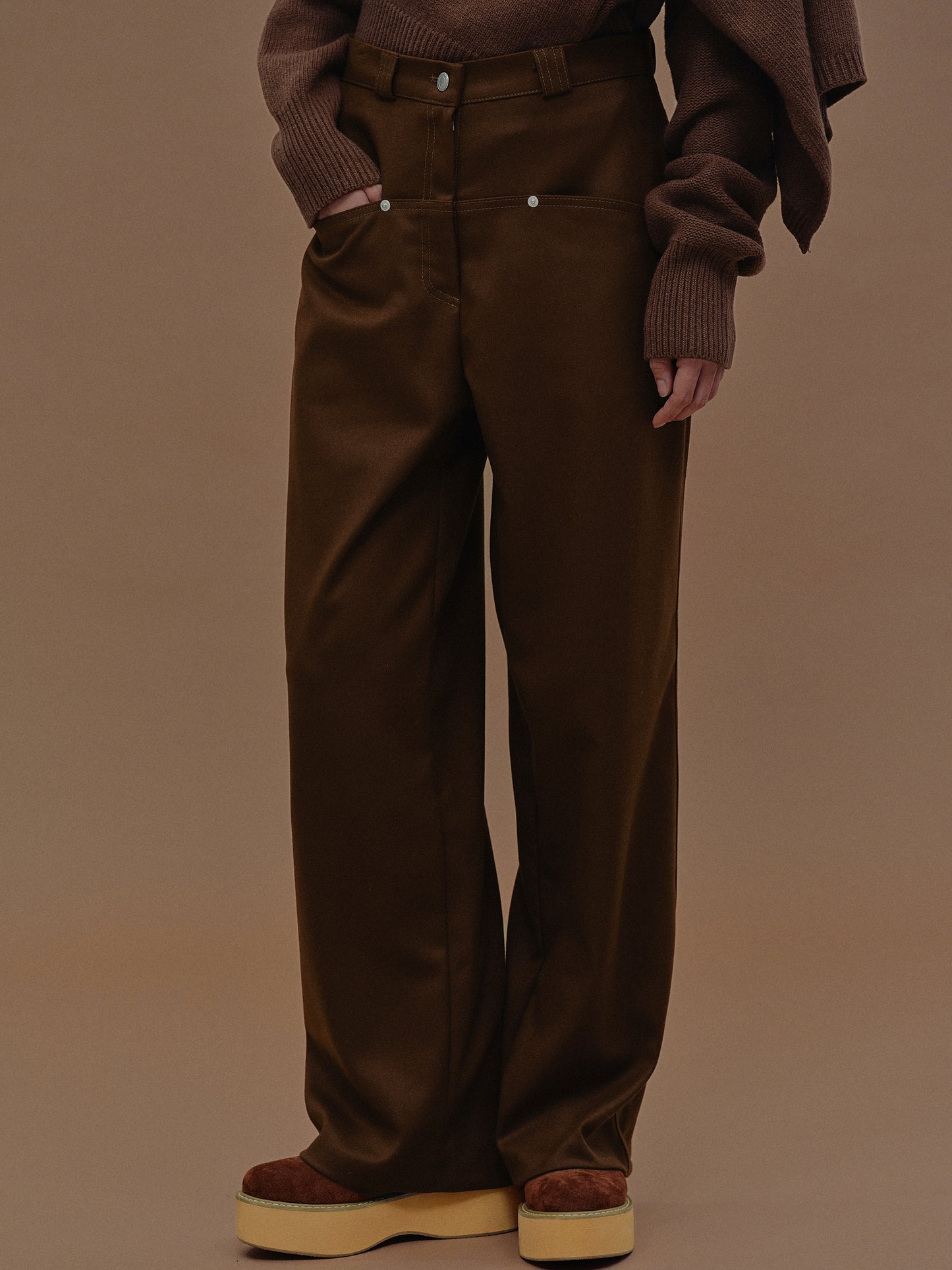 Pocket Paneled Wool Trousers, Sepia Brown