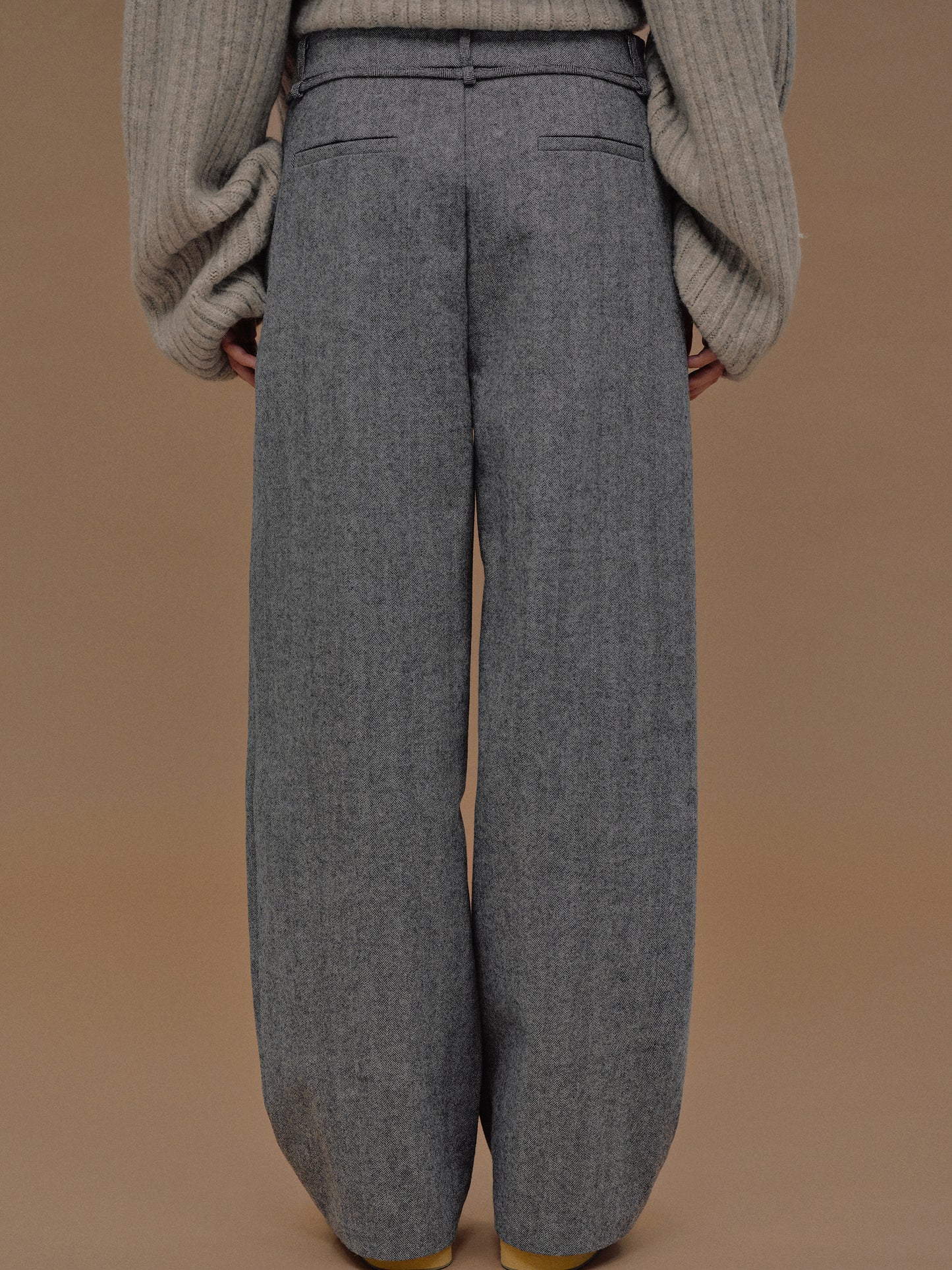 Belted Herringbone Trousers, Grey