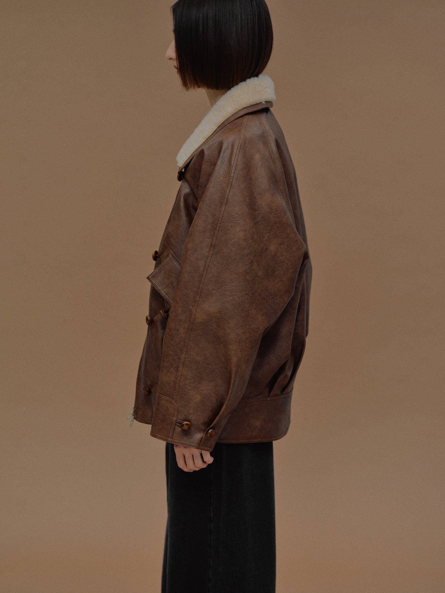 Cicala Shearling Collar Leather Jacket, Pecan