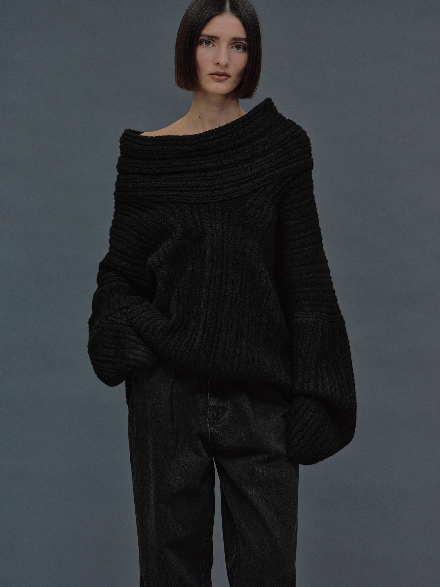 Becca Oversized High Roll Knit Pullover, Black