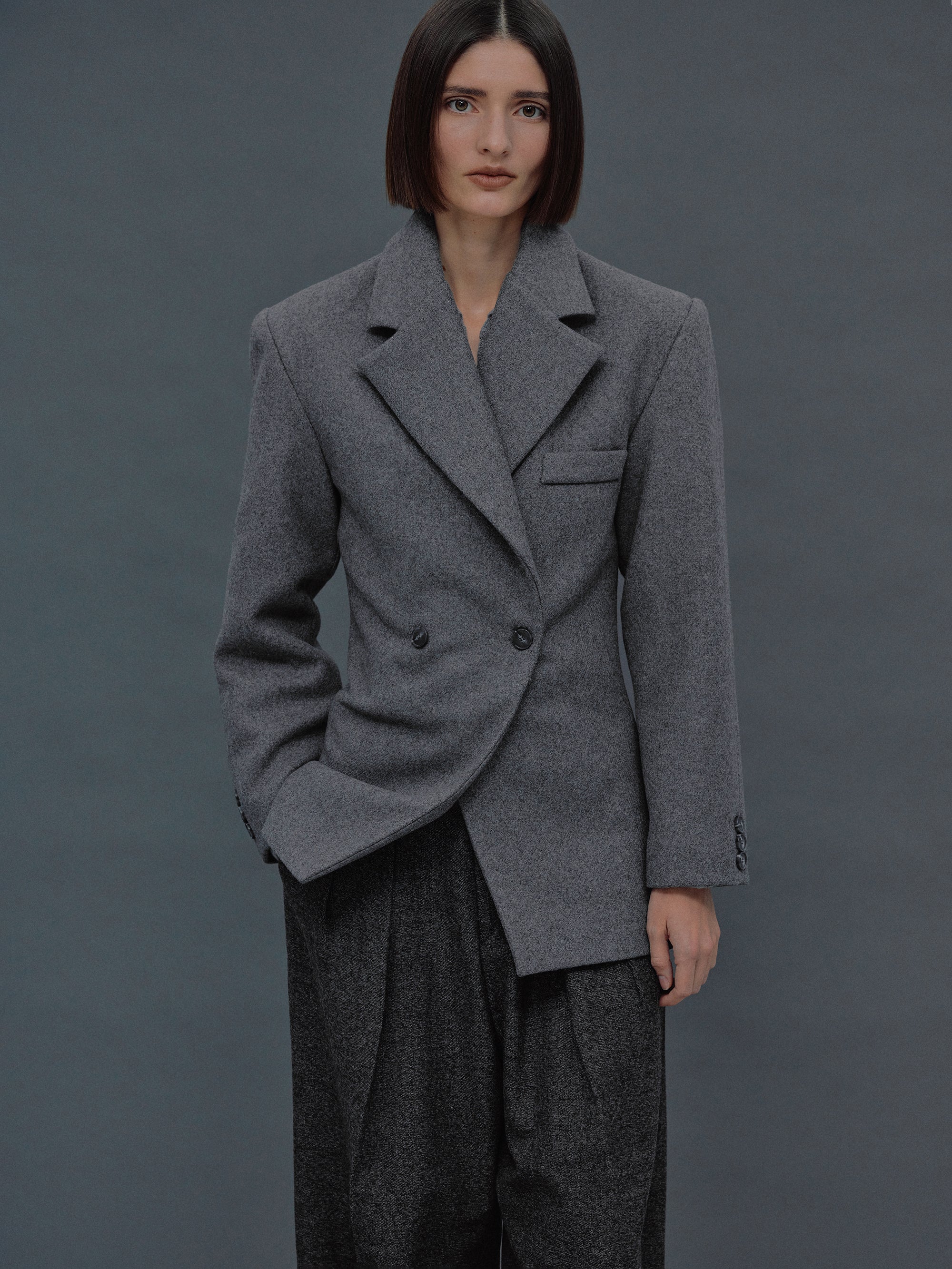 Nangy Double Breasted Cinched Wool Blazer, Storm Grey – SourceUnknown