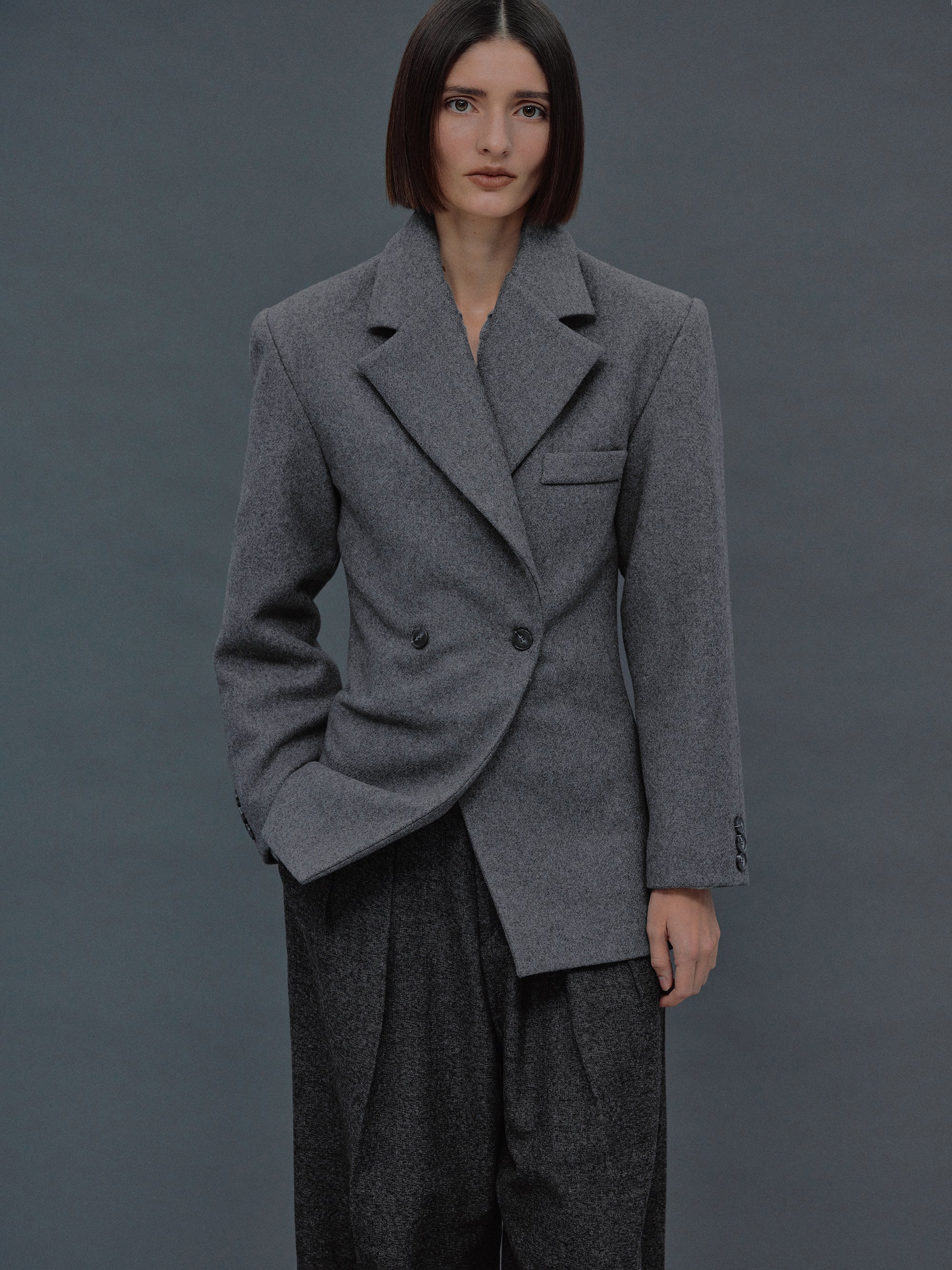 (Pre-order) Nangy Double Breasted Cinched Wool Blazer, Storm Grey