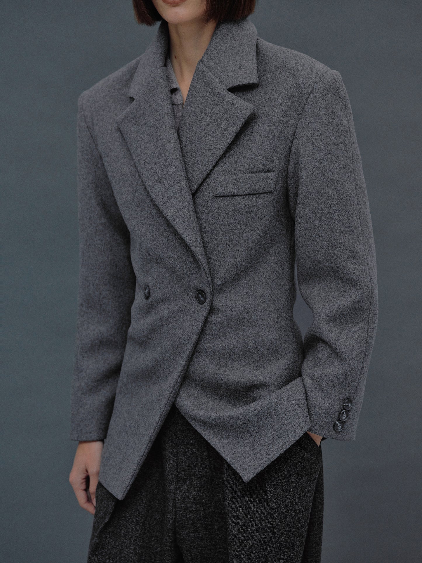 Nangy Double Breasted Cinched Wool Blazer, Storm Grey