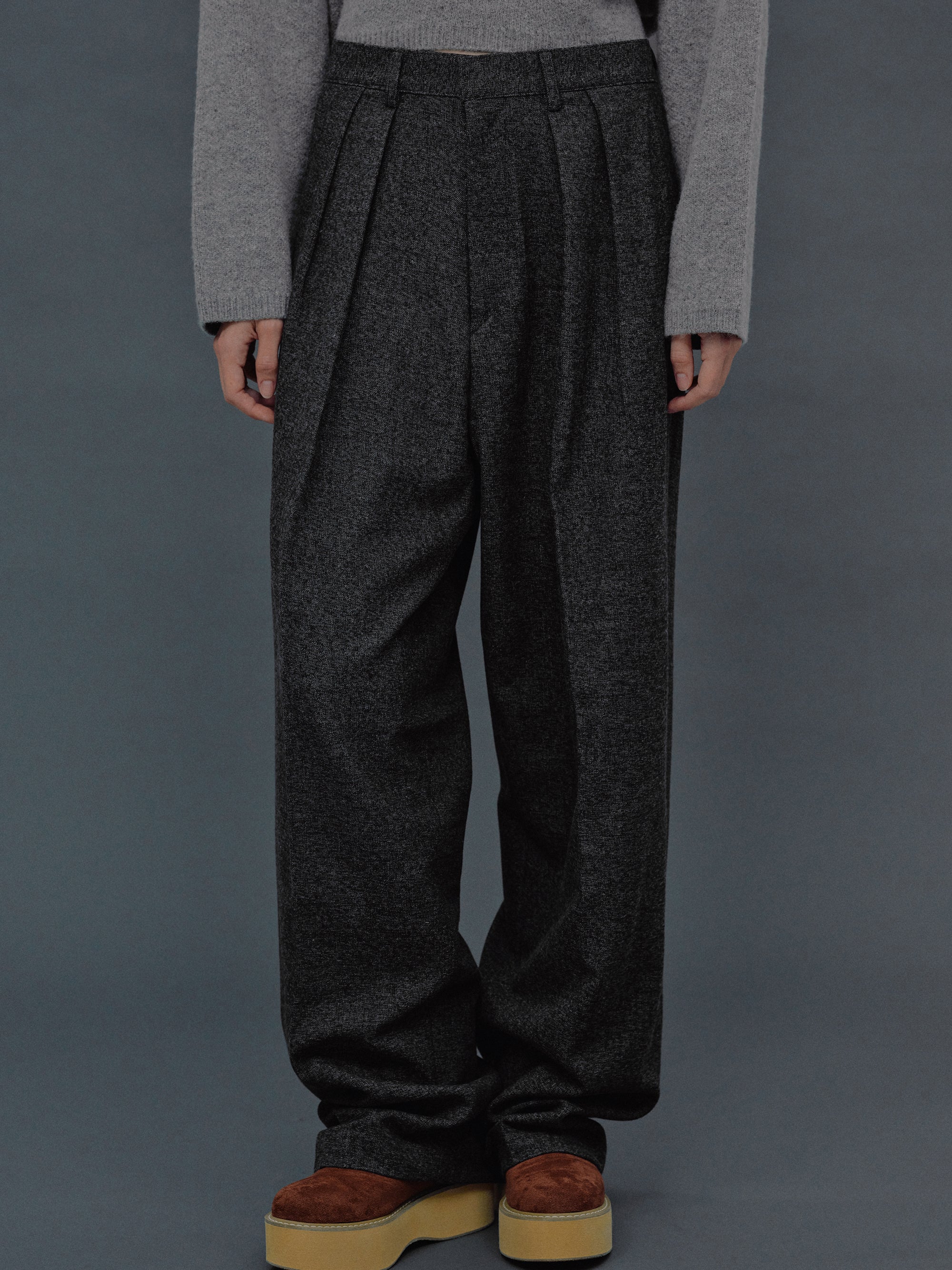 Double-Pleated Trousers, Dark Grey Melange