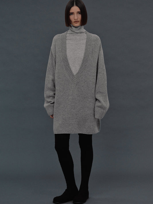 Agatha Lambswool Long Sweater, Grey
