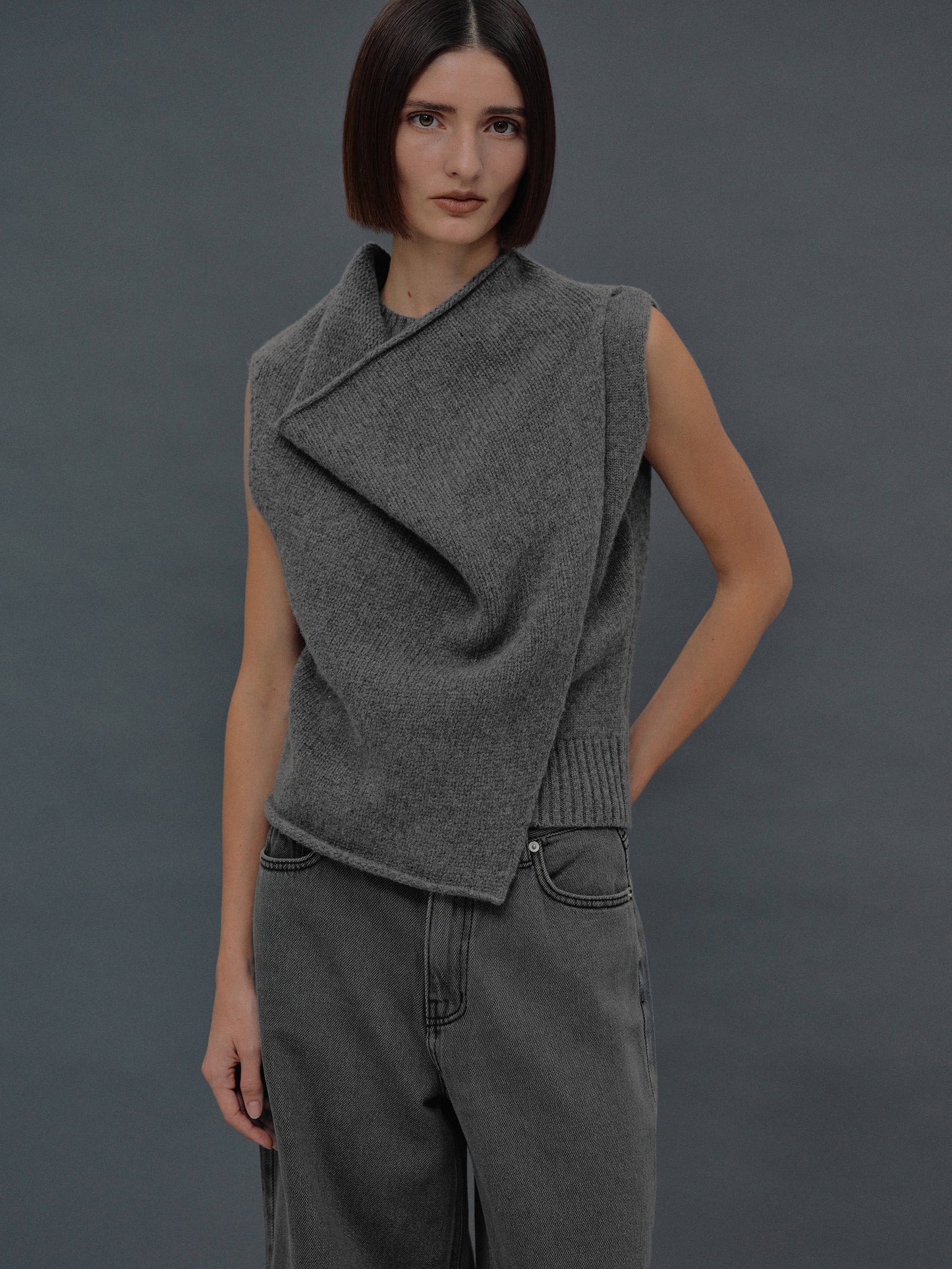 Sleeveless Cowl Neck Knit, Grey