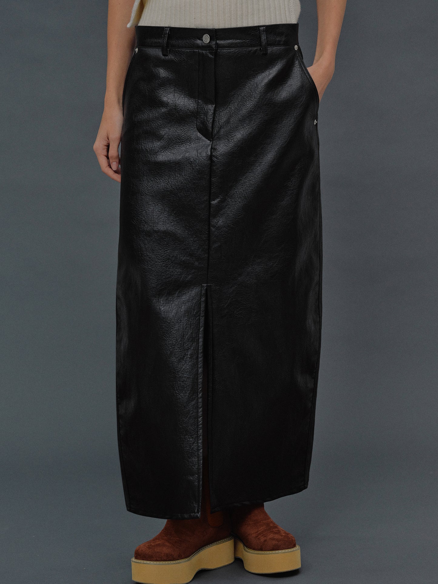 Faux Leather Midi Skirt, Black