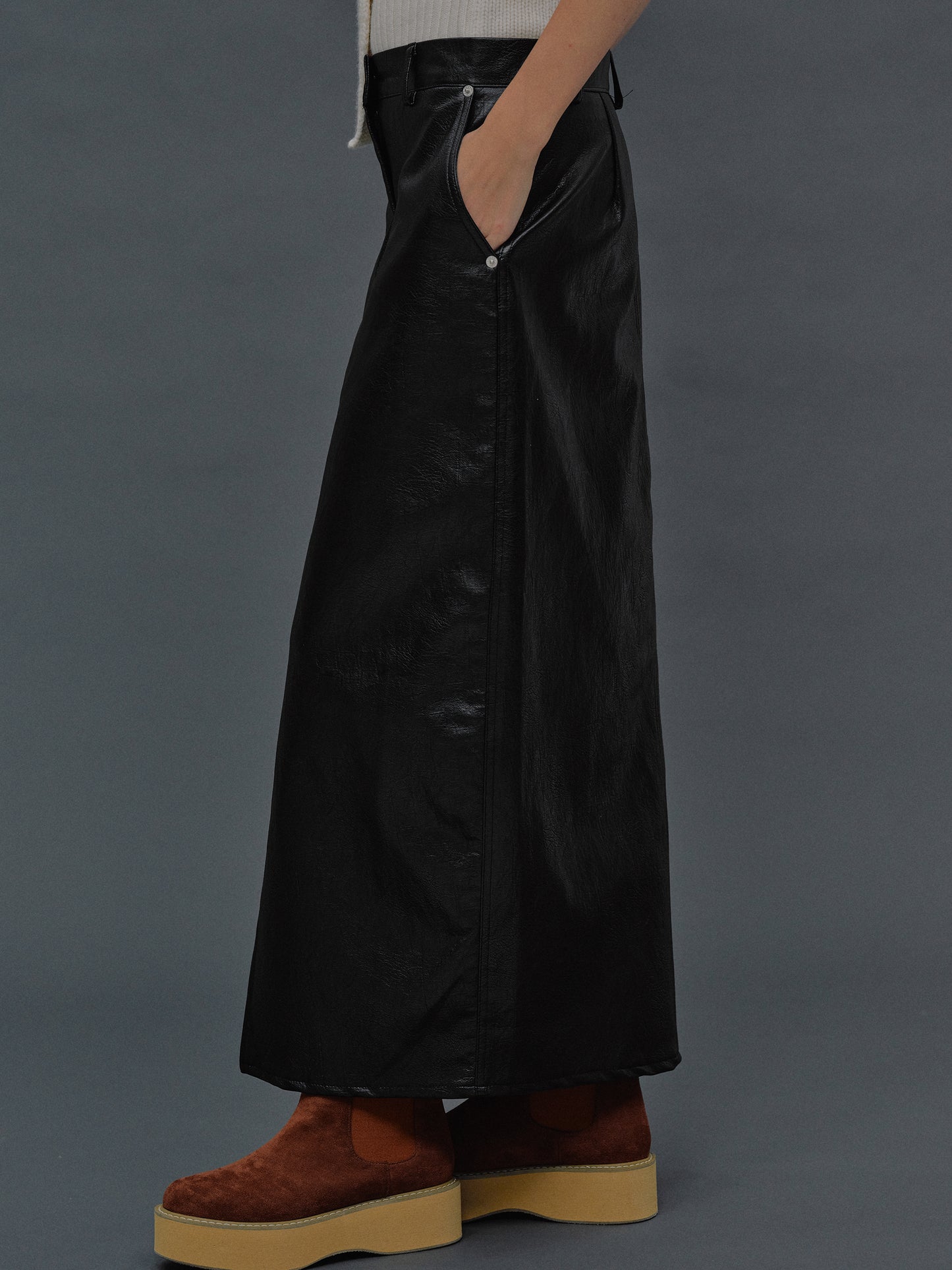 Faux Leather Midi Skirt, Black
