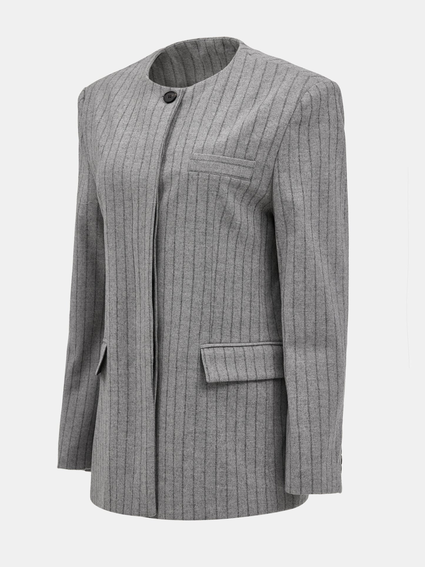 Collarless Striped Wool Blazer, Heather Grey