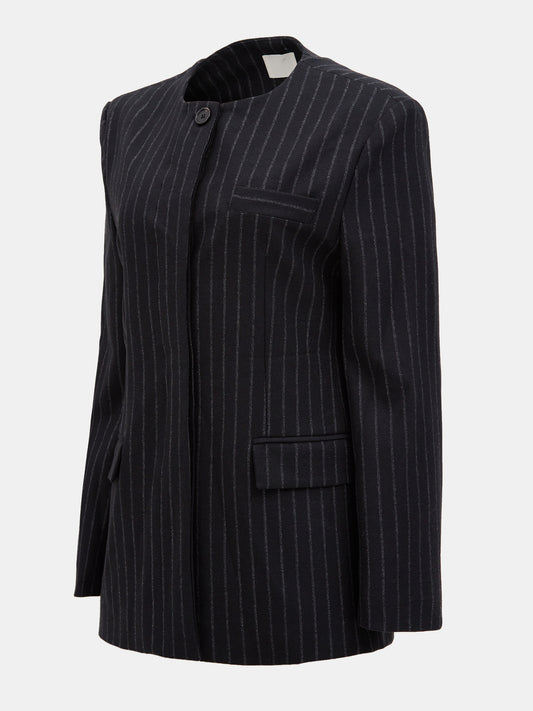 Collarless Striped Wool Blazer, Charcoal