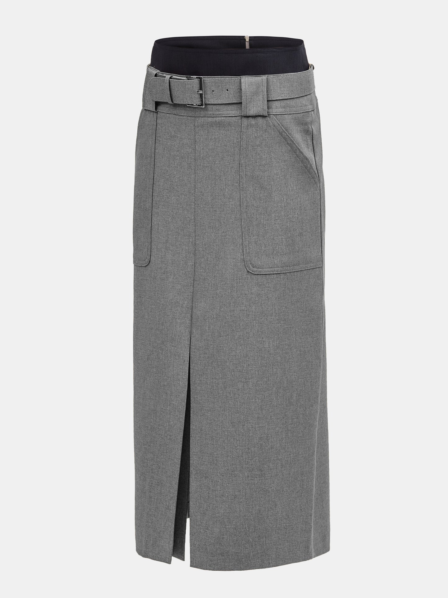 Belted Panel Suit Skirt, Grey