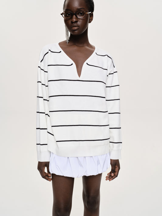 (Pre-order) Deep V-Neck Sweater, White Stripe