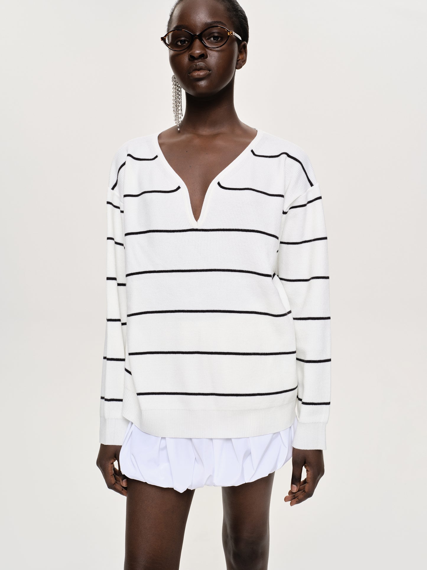 Deep V-Neck Sweater, White Stripe