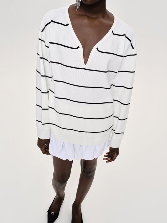 (Pre-order) Deep V-Neck Sweater, White Stripe